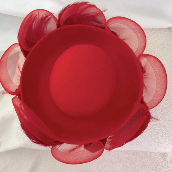 David M Vintage Women’s Red wood hat. Crown covered w/coque, feathers. main image 4